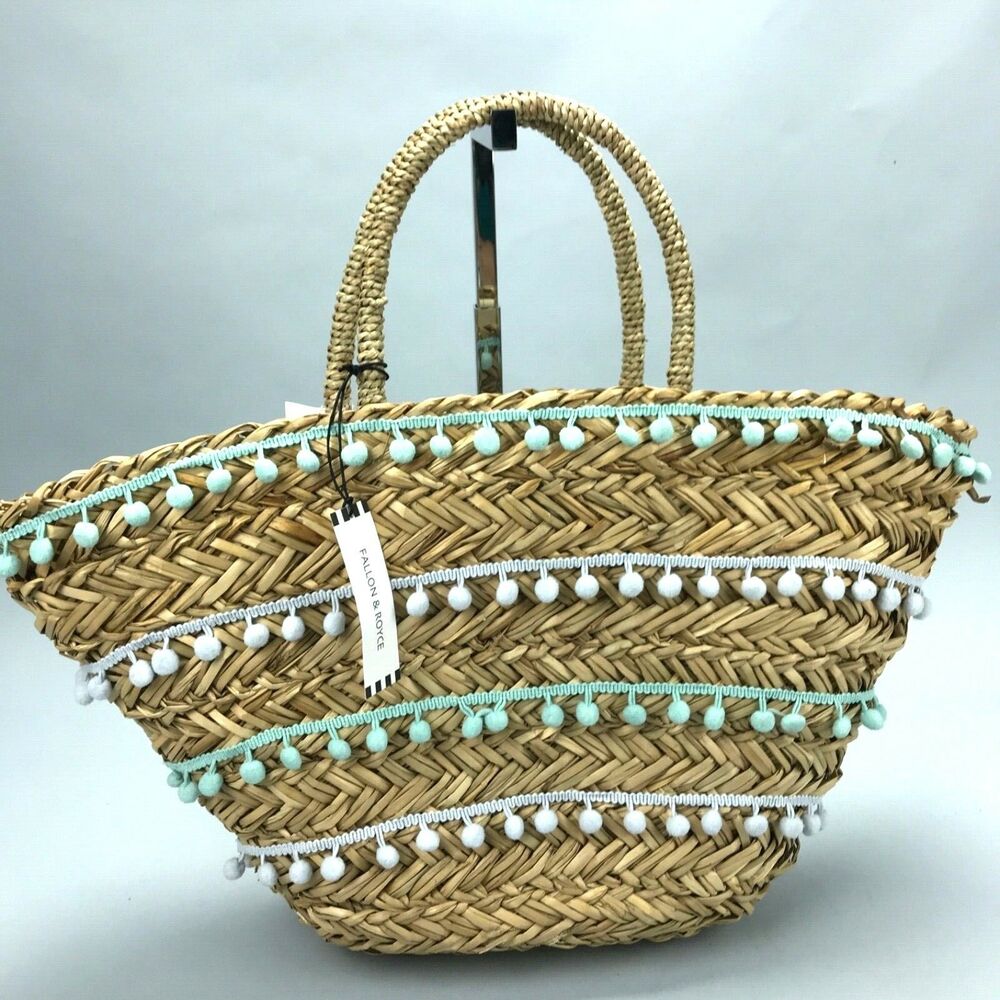 Fallon & Royce Aqua White Pom Pom Beach Vacation Shopping Handbag Straw Basket